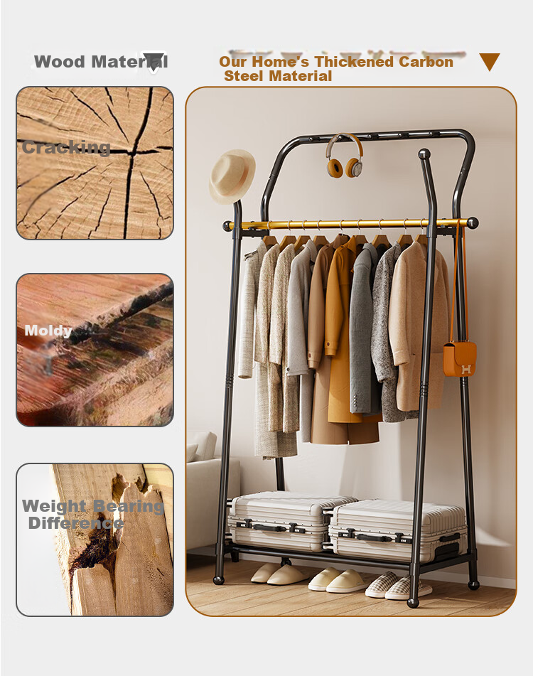 Yicainianhua Floor-Standing Coat Rack, Bedroom Clothes Hanger, Storage Rack, Large Garment Stand, Double-Pole Simple Coat Rack, 2236GDB 2