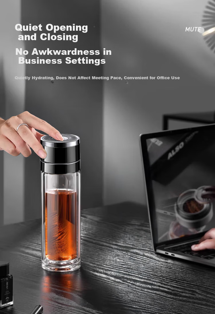 LINGCHEN Men's Tea Cup with Tea-Water Separation, Quick-Open Car Mug, One-Button Lid, High Borosilicate Glass, Heat Resistant 4