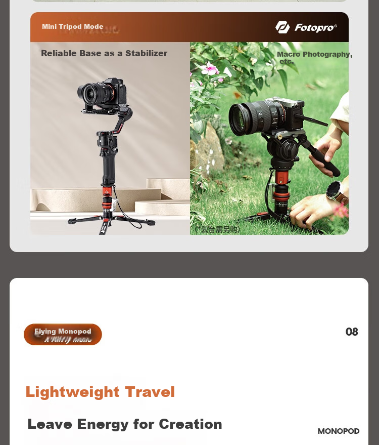 Fotopro Flying One Tripod, Quick-Release Design, Foot-Operated Unlocking, 32mm Diameter Carbon Fiber Camera Tripod, Flame Orange 16