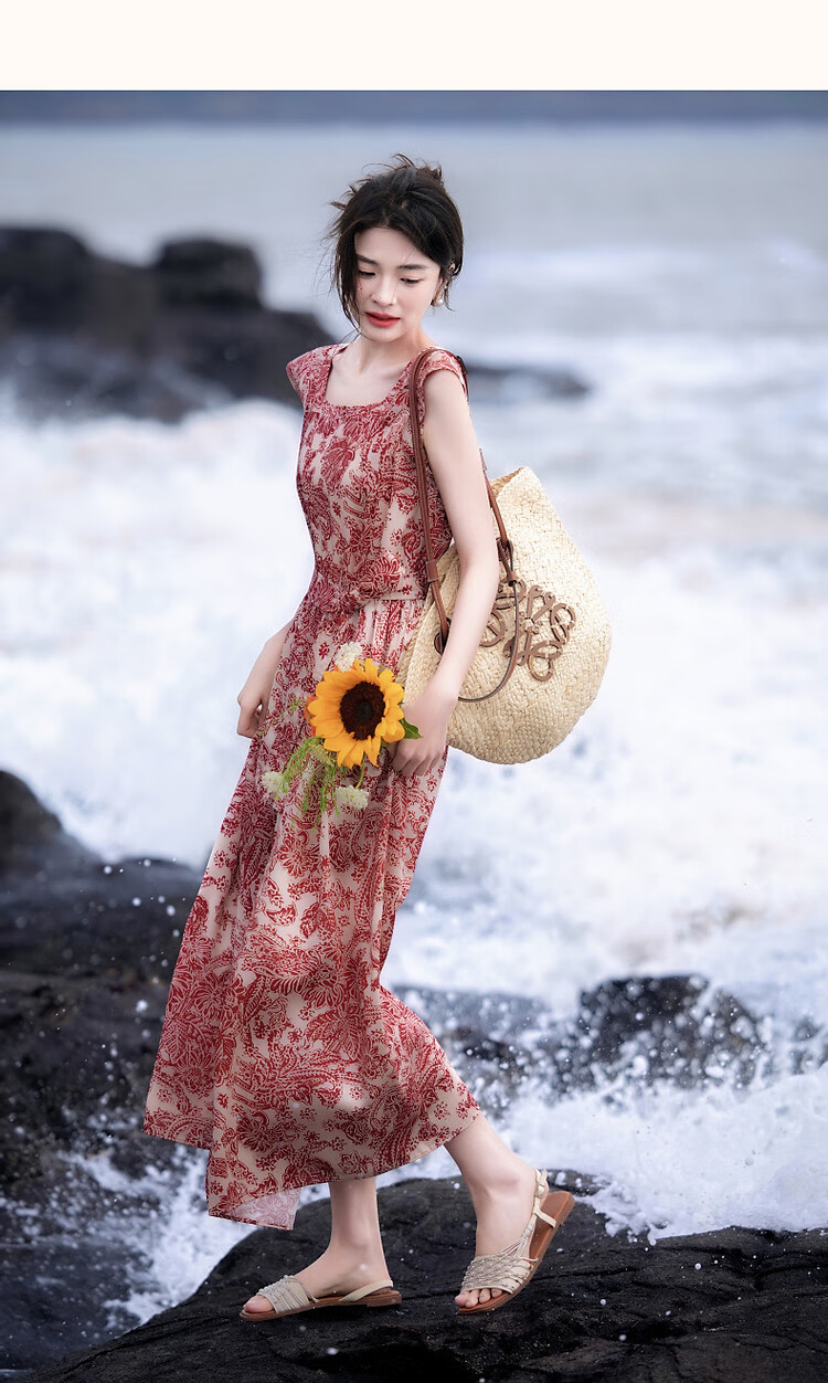 Demana [Dream Among Flowers] Summer National Style New Chinese Square Neck Tie Sleeve Waist Printed Elegant Women's Dress 10