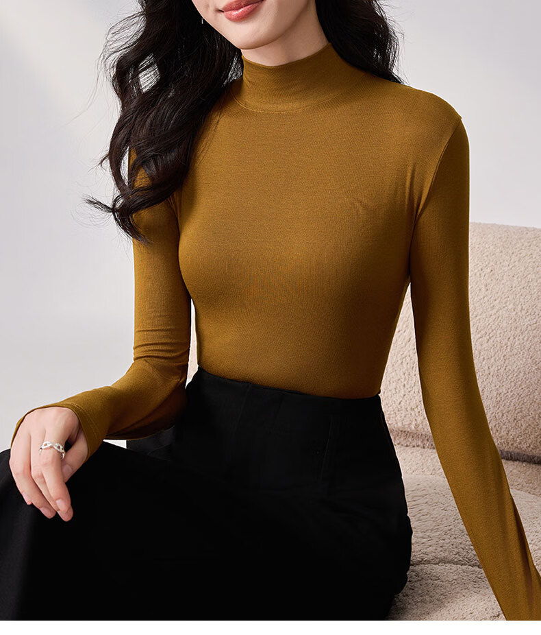 LangSha Spring And Autumn Modal Solid Color Semi-Turtleneck Base Layer Top for Women, Slim Fit Thin Inner Wear Long Sleeve Slimming Stylish Blouse 26