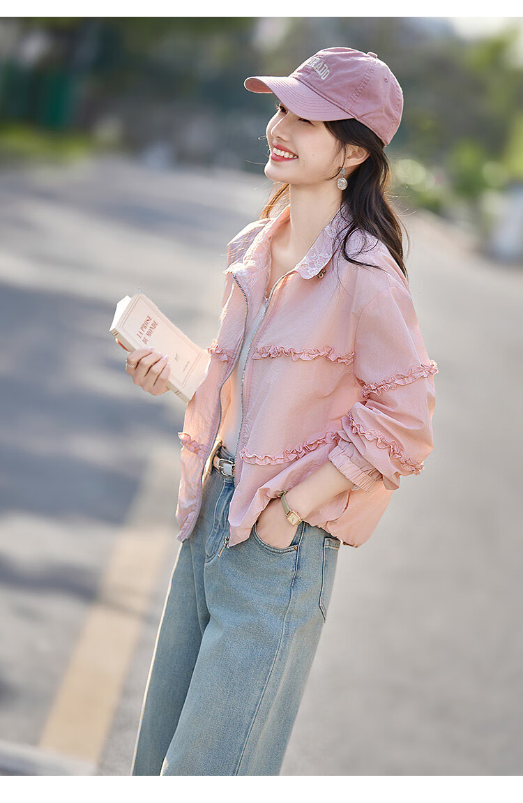 Shangjing Sweet Lace Trim Jacket, 2026 Summer New Lightweight Lace Patchwork Loose Sun Protection Coat for Women, Pink, S 6
