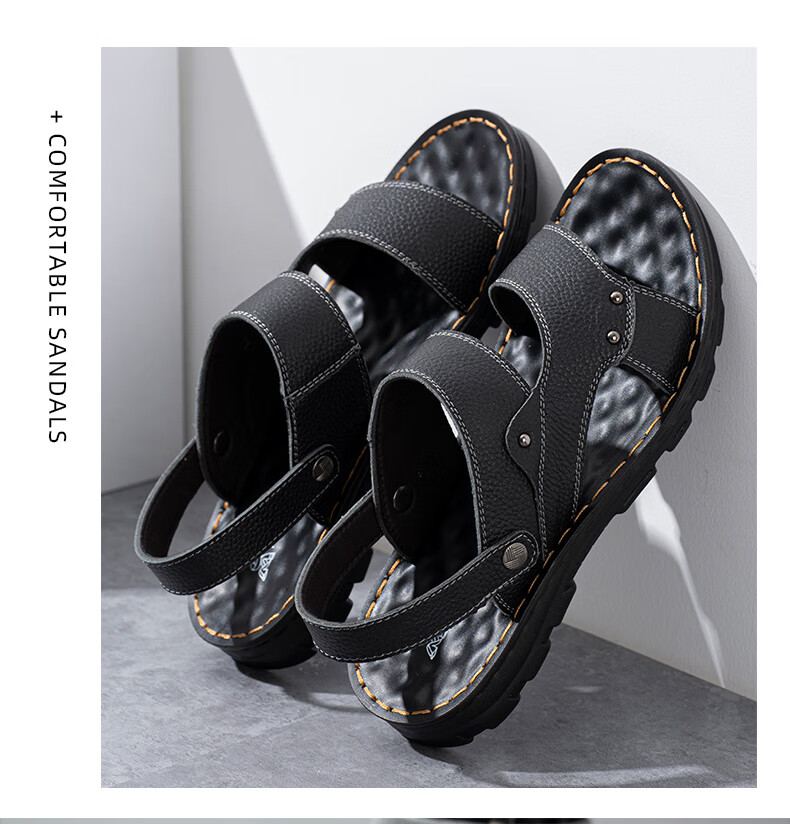 MEXICAN Top-Grain Leather Sandals for Men, Beach Shoes, Men's Slippers, Hollow-Out Casual Men's Shoes, Black, Size 44 12