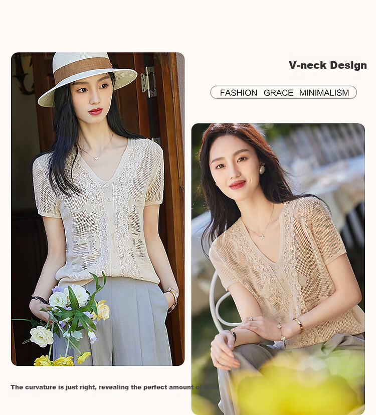 Dme [Cool And Elegant Outfit] Summer French V-Neck Lace Trim Sweater Jacquard Comfortable Knit Top for Wome 5
