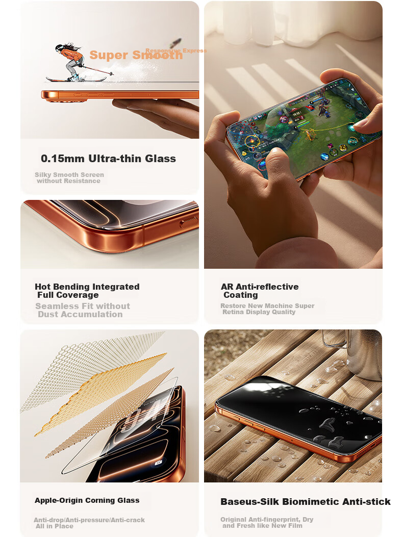 Baseus [3D Heat-Bent Corning Original Film | Full Coverage] Tempered Glass Screen Protector for Apple IPhone 15 Pro Max, High Definition Anti-Fingerprint Drop Protection Film 5