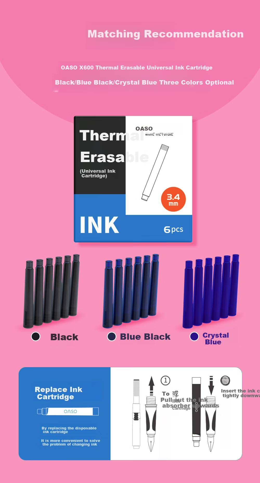 [Back to School Essential] OASO Erasable Fountain Pen for Primary School Students' Posture Correction And Handwriting Practice in Third Grade, Replaceable Ink Cartridge (Cherry Blossom Pink), Blue Erasable Ink Cartridge 7