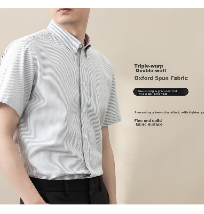 BLACKMONDAY Pure Cotton Oxford Yarn Vertical Striped Short-Sleeve Shirt for Men, All-Cotton Wrinkle-Resistant Non-Iron Business Casual Shirt 4