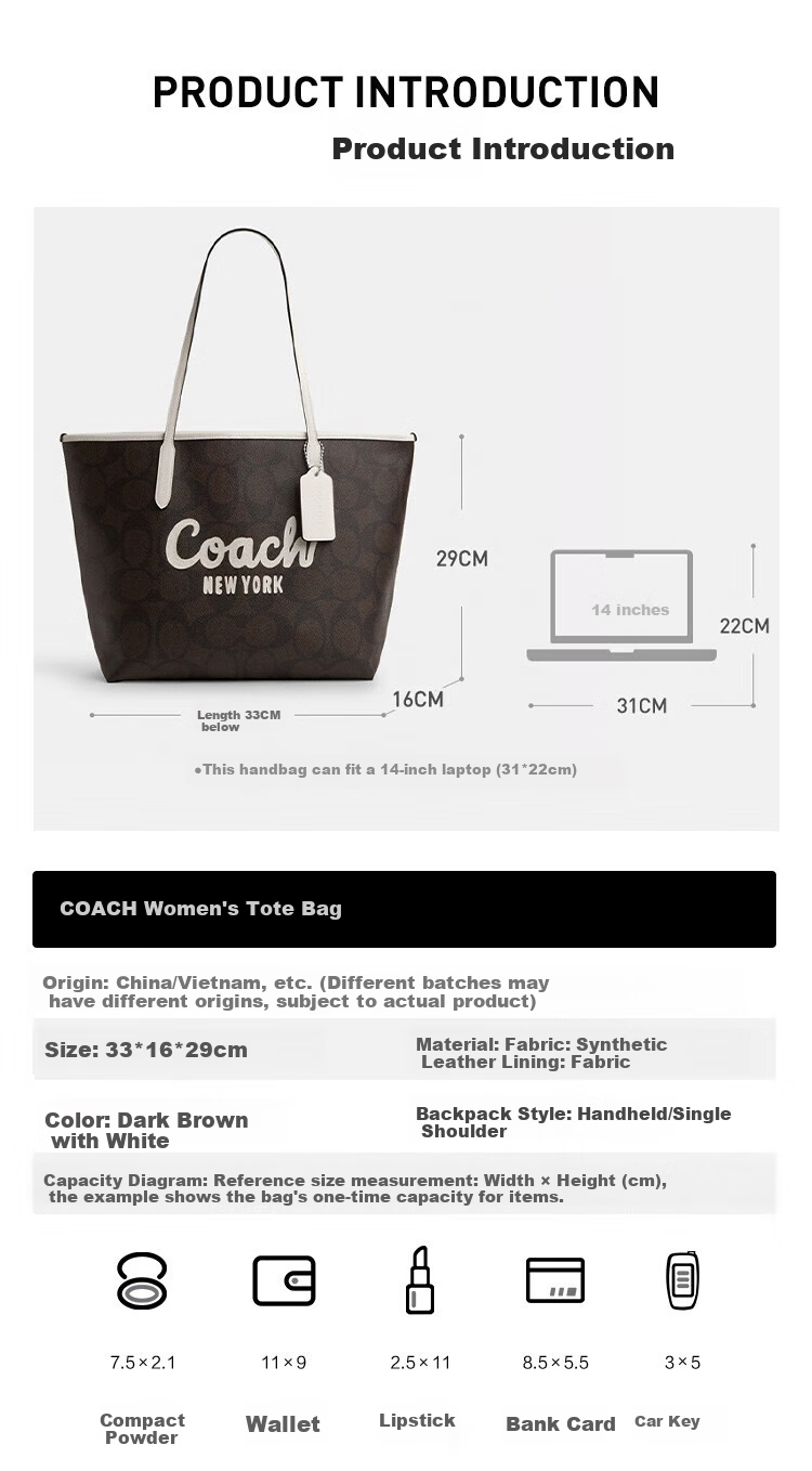 COACH [Brand Direct Supply], Women's CITY33 Shoulder Tote Bag, Dark Brown with White Accents, CY705, New Year Gift 4