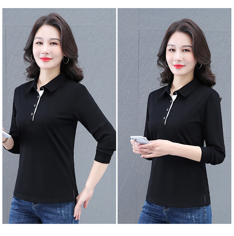 Woodpecker Women's Long Sleeve Cotton Polo Shirt, Spring Autumn New, Middle-aged Plus Size Casual Top, Gray, L 11