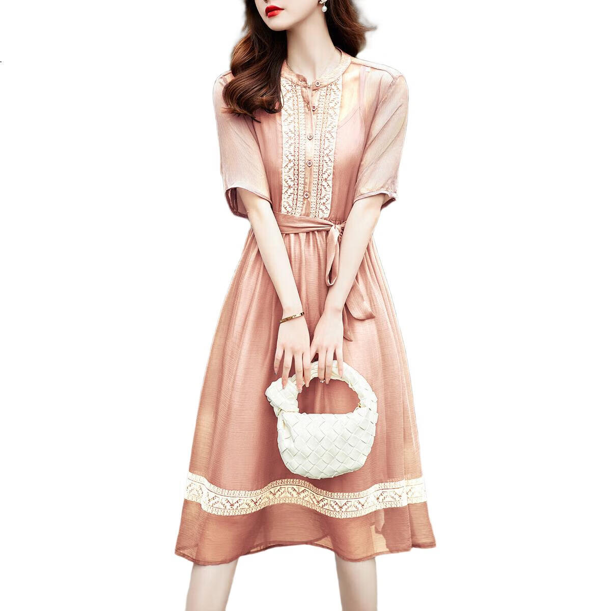 Dme [Cross Embroidery] Summer Commute Simple Chiffon Pleated Loose A-Line Dress for Wome