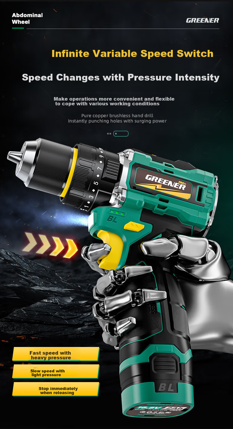 GREENER Dagaopao 16.8V Brushless Impact Drill Lithium Electric Screwdriver [Impact + Hammering] 70N.M One Battery 6