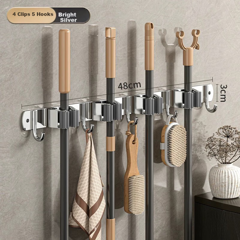 Yagao Stainless Steel Mop Hook [4 Clips 5 Hooks], Bathroom No-Drill Mop Rack with Hooks, Wall-Mounted Mop Clip Row Hooks