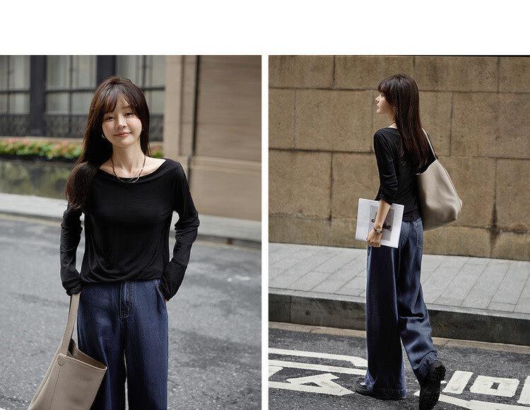 Mt [Yunrou Zero Pressure] Autumn Lightweight French-Style Wide Collar Boat Neck, Thin Simple Comfortable Elastic Long-Sleeve Women's T-Shirt 5