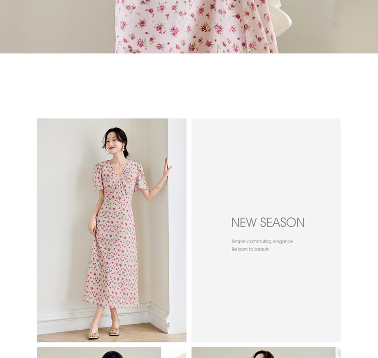 Sentubila V-Neck Trumpet Sleeve Floral Print Dress for Women, Summer Waist-Cinching Slimming A-Line Floral Dress, Romantic Mid-Length Dress with Rose Patter 17