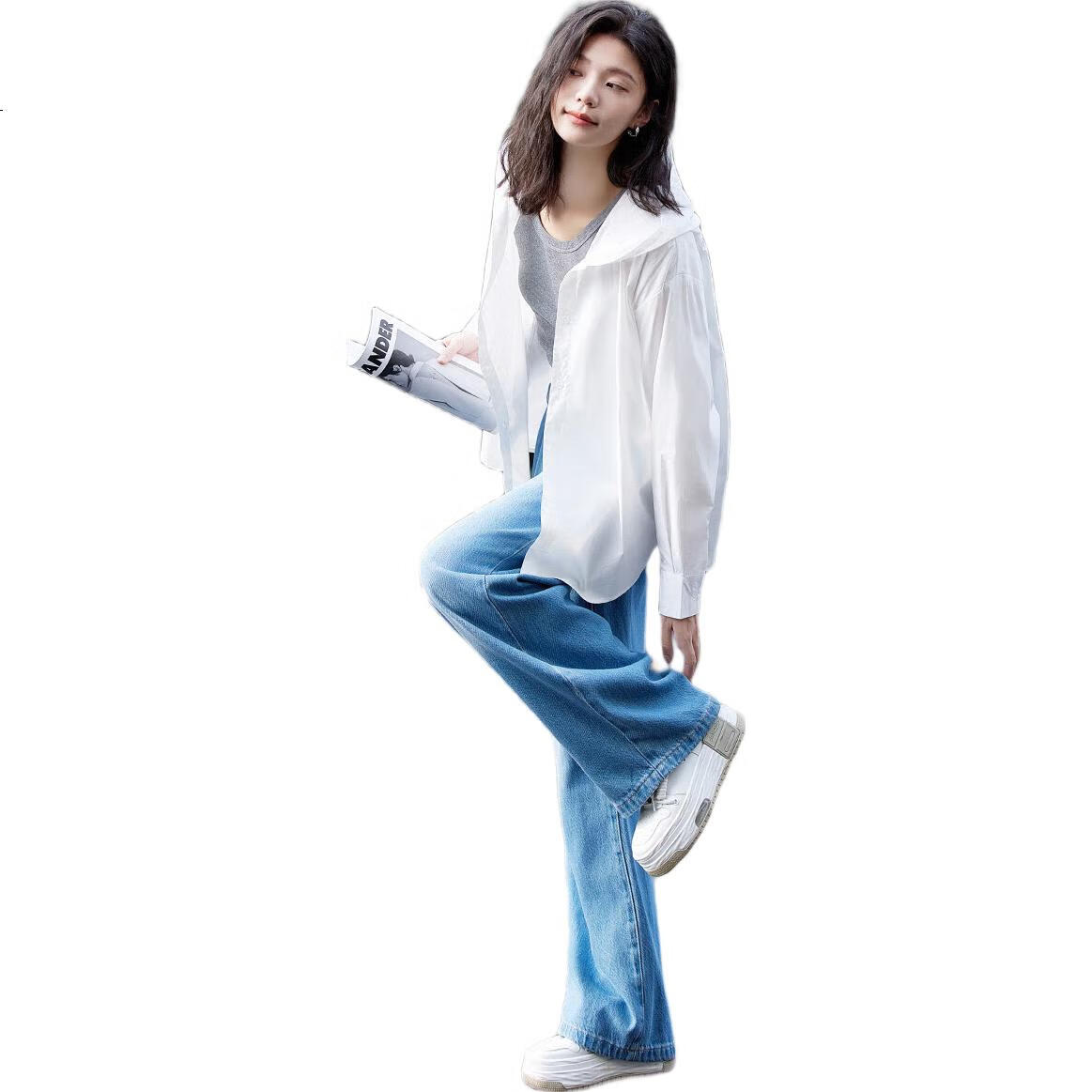 Dme Casual Hooded Side Slit Long Sleeve Shirt for Women, White, XL