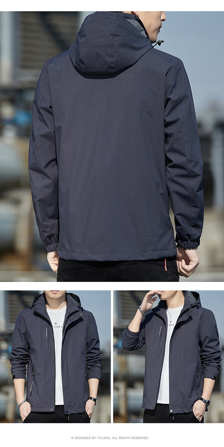 TUCANO Men's Spring Autumn Detachable Hood Windproof Casual Sports Jacket Dark Gray 3XL 11
