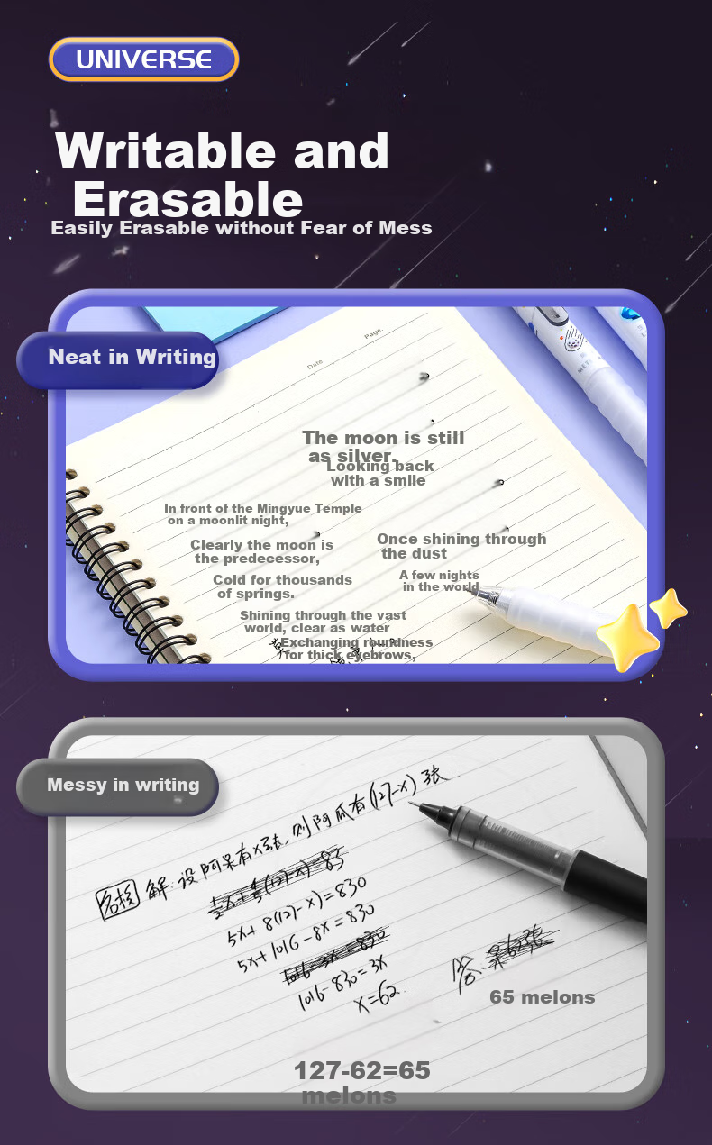 AIHAO [Exam Reward, Graduation Gift] Universe All Things Retractable Erasable Pen ST Tip 0.5mm Elementary School Third Grade Hot Erasable Gel Pen Crystal Blue 5 Pieces GP2715 6