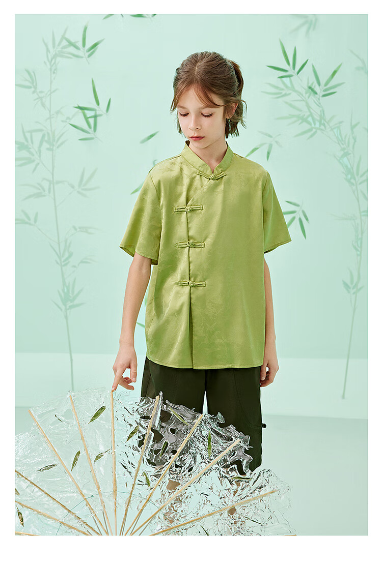 Zhimu Children's Clothing, New Chinese Style Satin Button Stand Collar Boys' Shirt, 2025 Summer New Kids' Wear, Green, Size 150 3