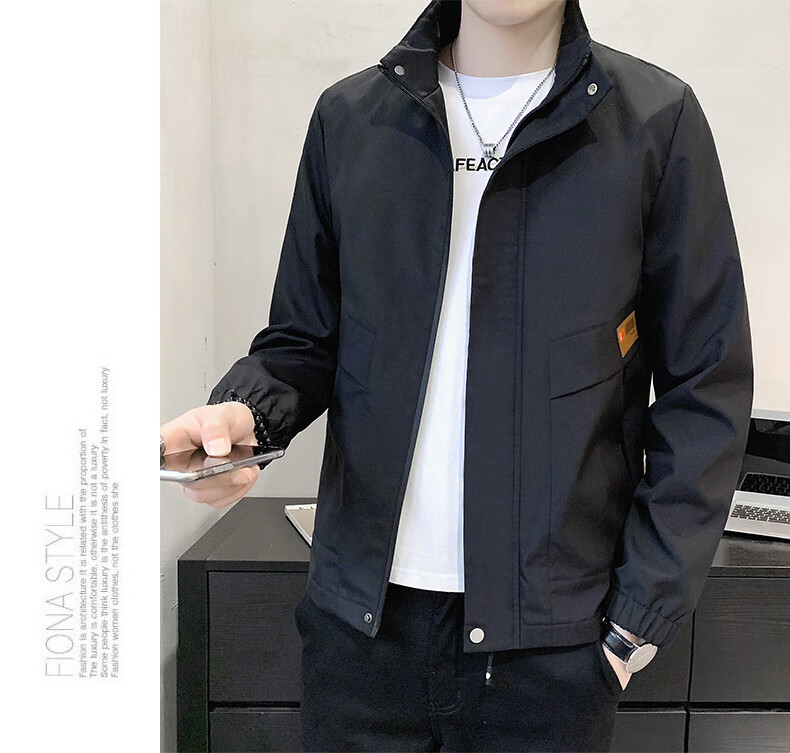 Jeanswest Men's Outdoor Sports Jacket Spring Autumn Coat Stand Collar Loose Workwear Windproof Casual Trendy Versatile Black 2XL 9