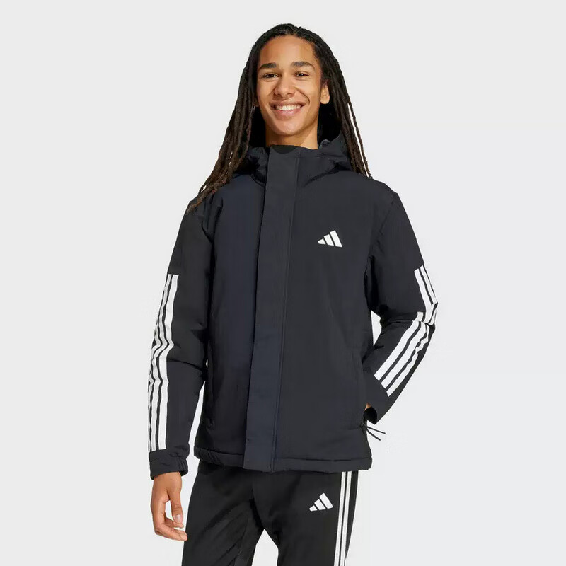 Adidas Men's Sportswear Series 3S HOODED INS J Short Cotton Jacket JY8303, Black, Size L 2