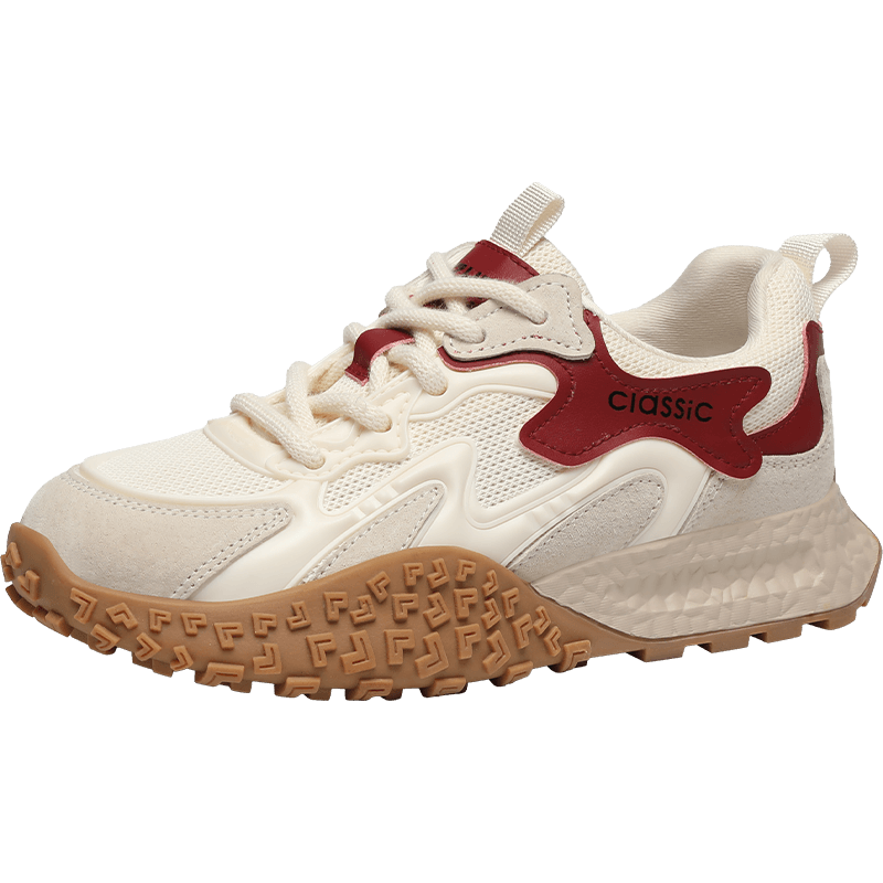 ZHR Dexun Women's Shoes, Spring And Autumn Retro Sports Casual Shoes, Versatile Thick-Soled Height-Increasing Women's Shoes, KS210F, Beige And Red, Size 37