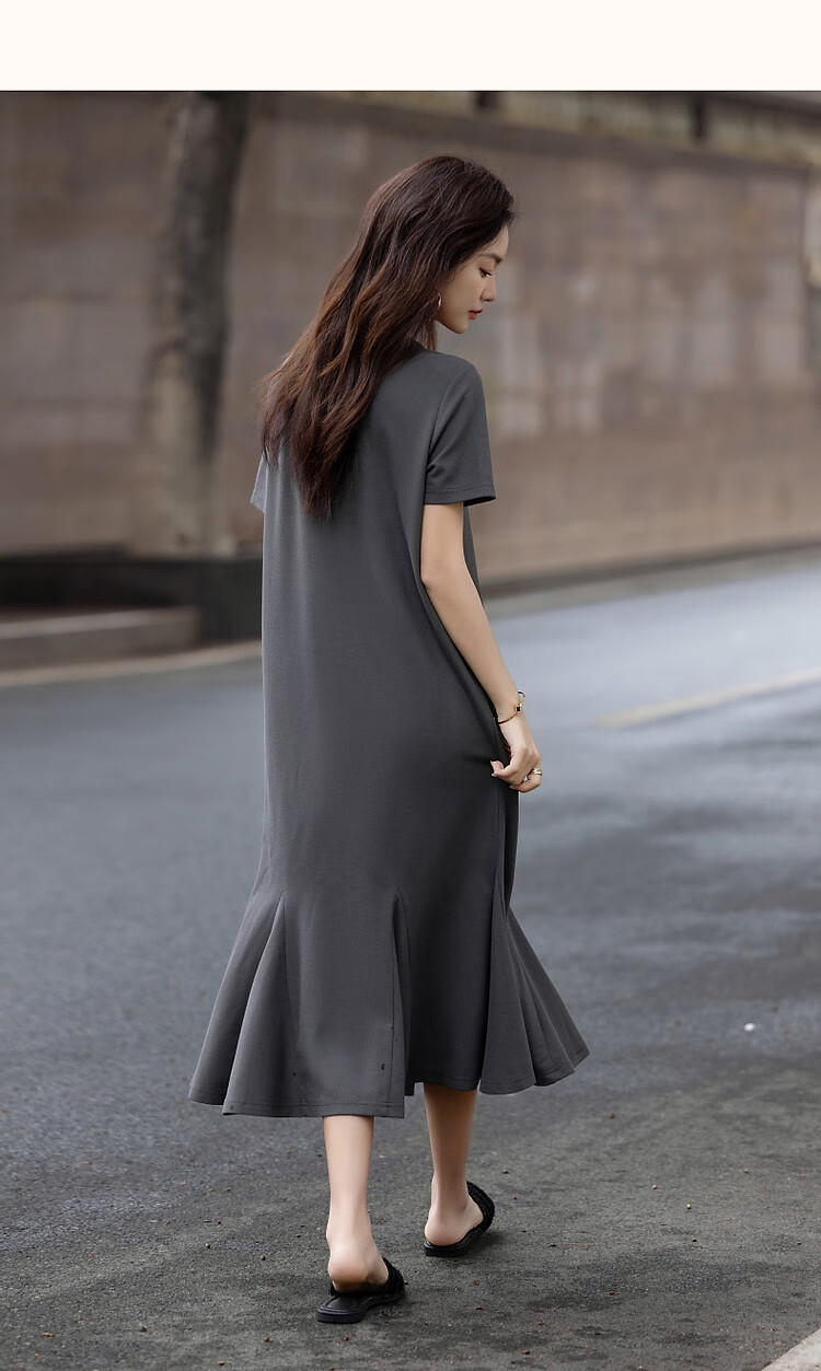 Demana Gentle Cloud Cotton Summer Relaxed V-Neck Loose Patchwork Hem Knitted Mid-Length Straight Women's Dress 15