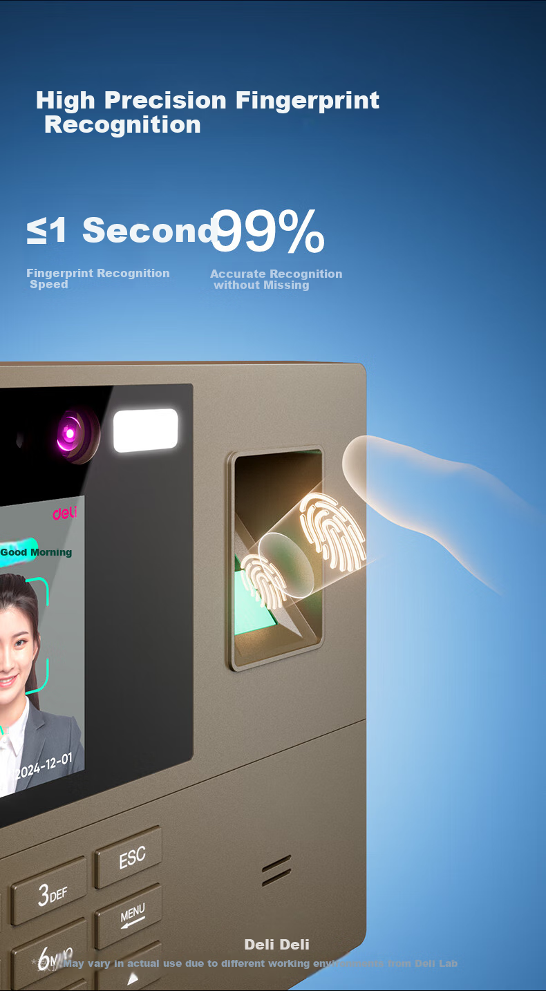 Deli Attendance Machine, Fingerprint And Facial Recognition Device with Palm Vein Scanner, Face Recognition Attendance System with Anti-Photo And Video Check-In Function, Bluetooth Connected to WeChat Mini Programs for Management, 33800WPRO 6