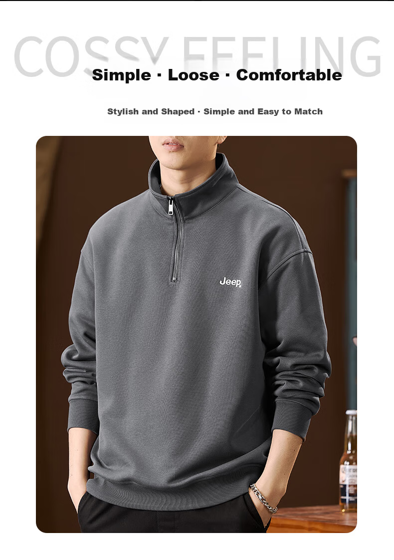 JEEP American-Style Sweatshirt for Men, Spring Trendy Semi-Turtleneck Zip-Up Top, Loose Casual Long-Sleeve T-Shirt for Men's Clothing 1