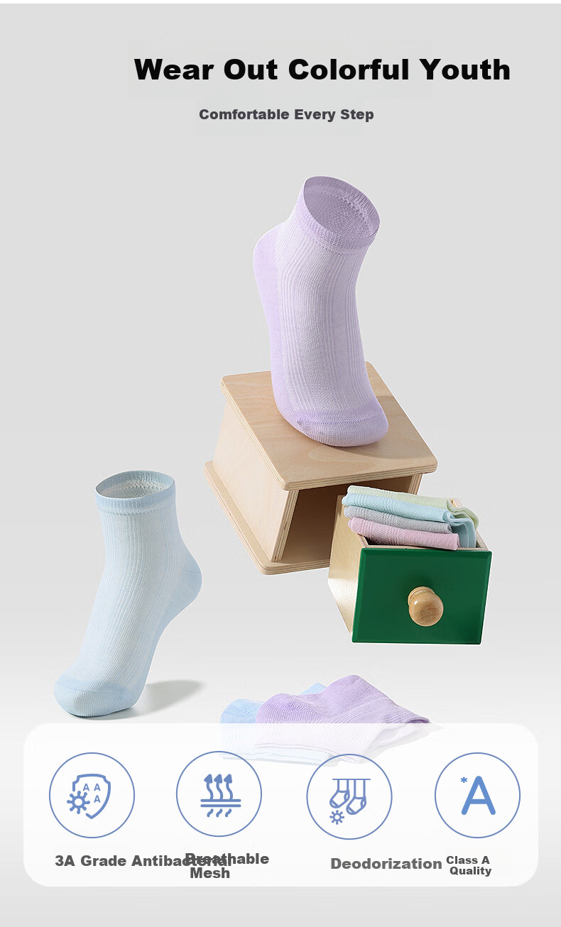 Aimer Kids Summer Socks, 3A Antibacterial And Odor-Eliminating, Boys And Girls Short Socks, 5 Pairs, Purple Blue White Green Pink, for Ages 5-8, Foot Length 18-20 Cm 1
