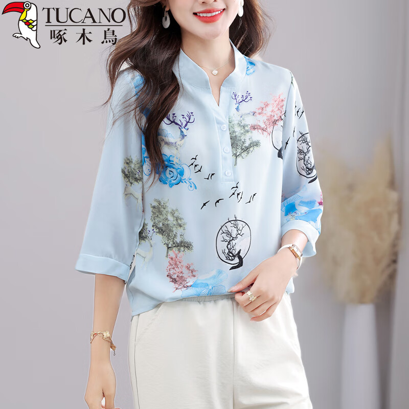 Woodpecker Women's Short Sleeve T-Shirt Casual Floral Shirt Loose Fit Elegant Summer Top Blue M