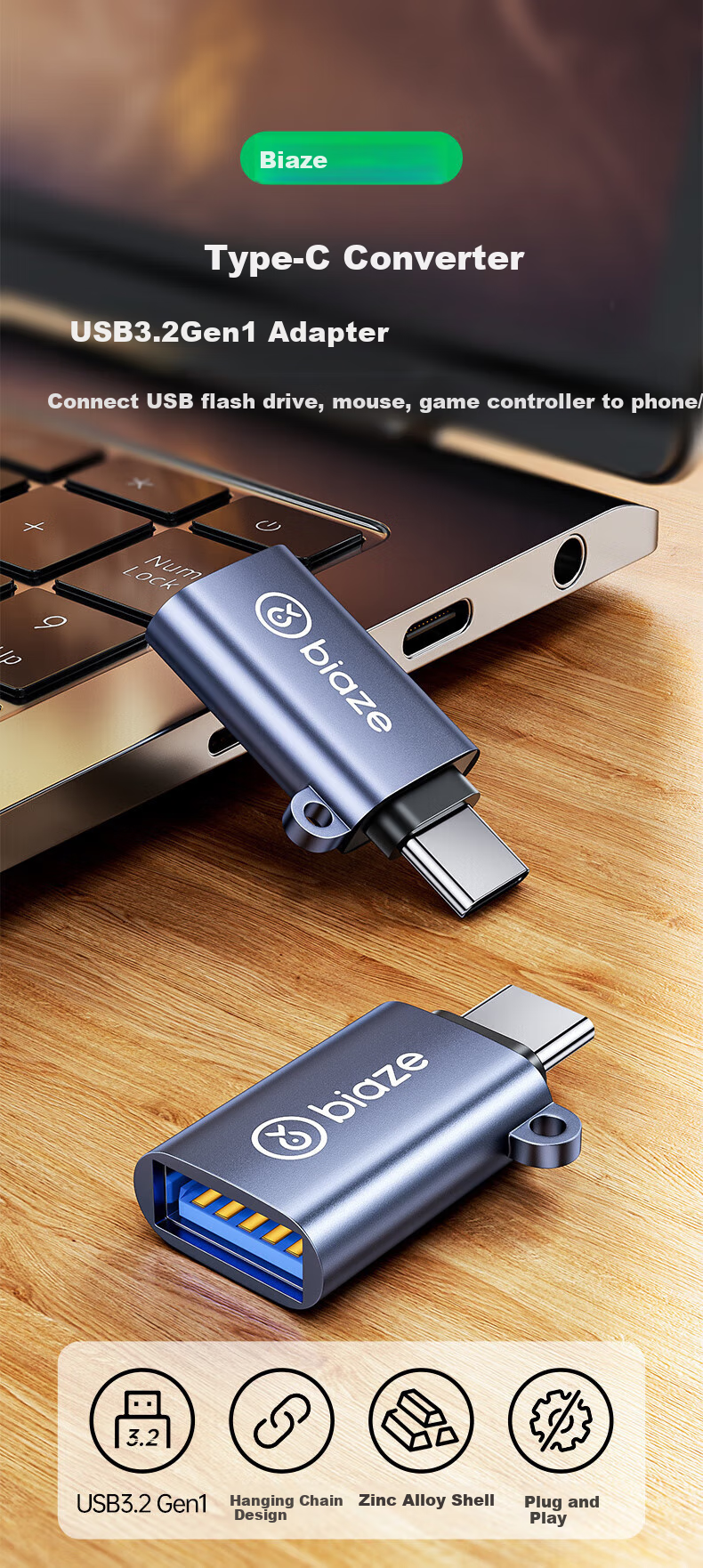 BIAZE Compatible with Apple 17/16/15 Adapter, Type-C Converter, USB3.2 Data Transfer Adapter Cable, OTG Android Phone Huawei External USB Drive, Keyboard And Mouse Car Charger 1