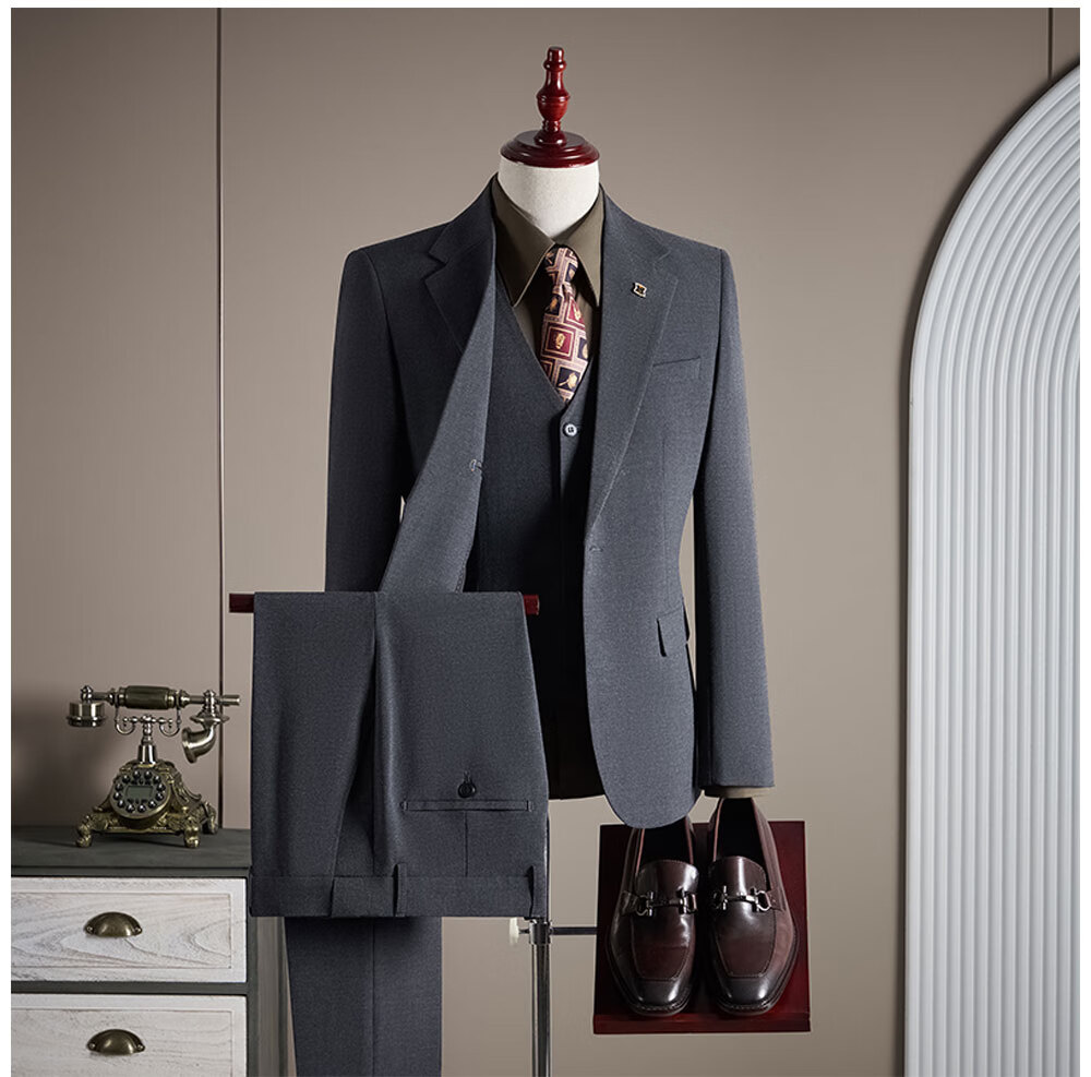 ROMON Men's Business Suit Set Blazer + Vest + Trousers Light Gray XL 16