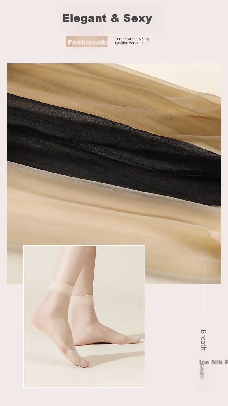 LangSha Thin Women's Stockings, Spring And Summer 10A Antibacterial Anti-Snag Transparent Invisible Crystal Silk Mid-Calf Socks, Skin Color 10 Black 10 9