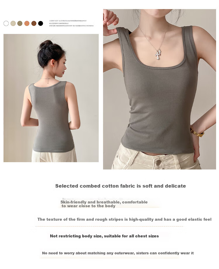 Hengyuanxiang [Pure Cotton] Women's Camisole Tank Top, Beautiful Back Design, Can Be Worn As Outerwear, Round Neck - Gray 6