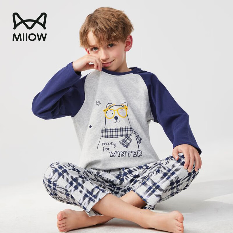 MiiOW Children's Pajamas for Boys, Spring And Autumn Style, Pure Cotton, Long-Sleeve Sleepwear Set for Kids And Teens, Eyeglasses Big Bear Design, Size 120