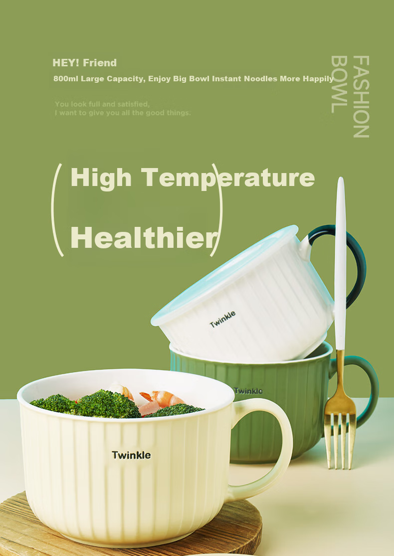 IJARL Ceramic Ramen Bowl with Lid, Student Lunch Box, Noodle Cup, Food Storage Bowl, Soup Bowl, Nordic-Style Ramen Cup in Gree 3