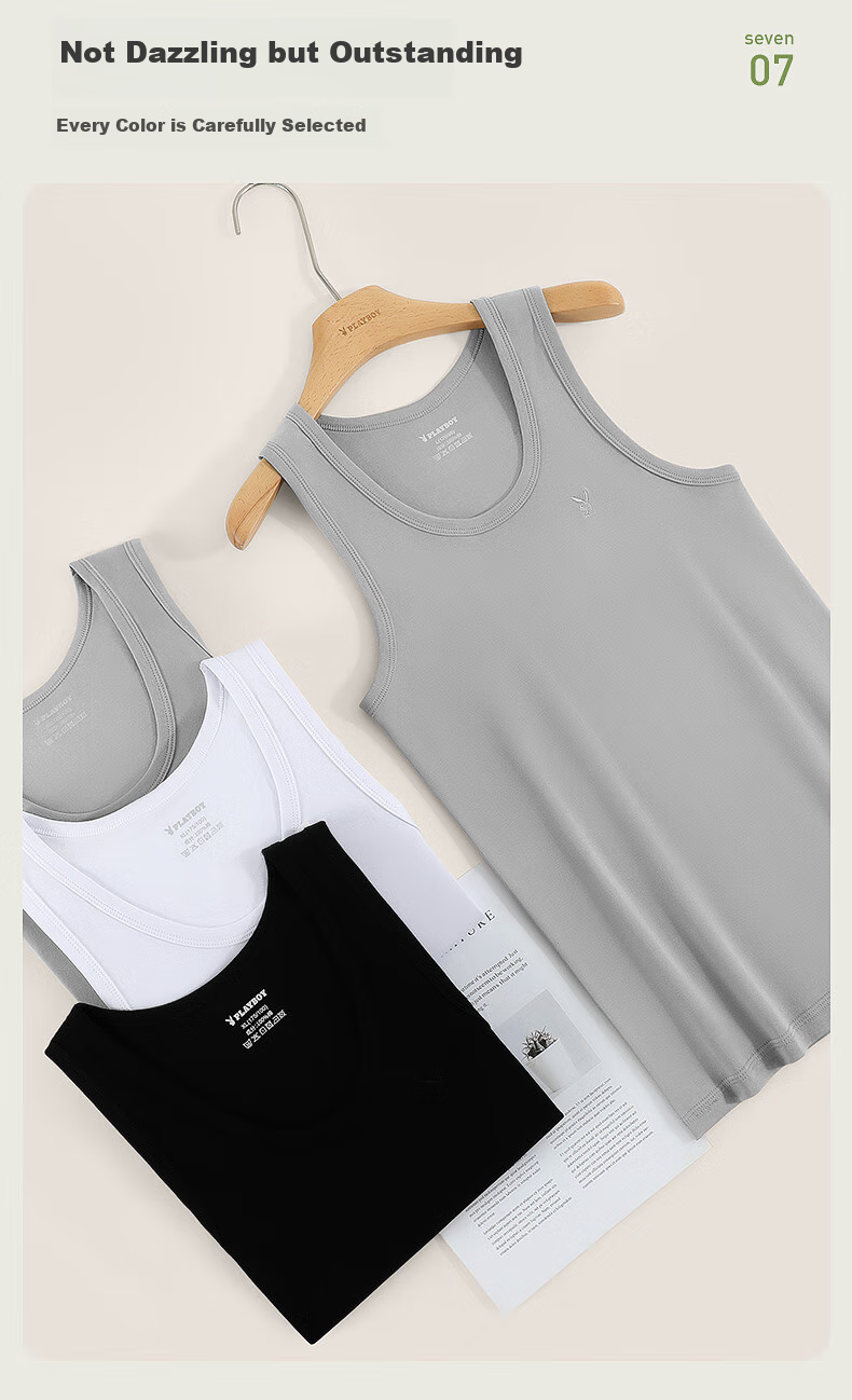 PLAYBOY Pure Cotton Tank Top for Men, Large Size, High Elasticity, Sweat-Wicking, Breathable Undershirt, 2 Pieces 7