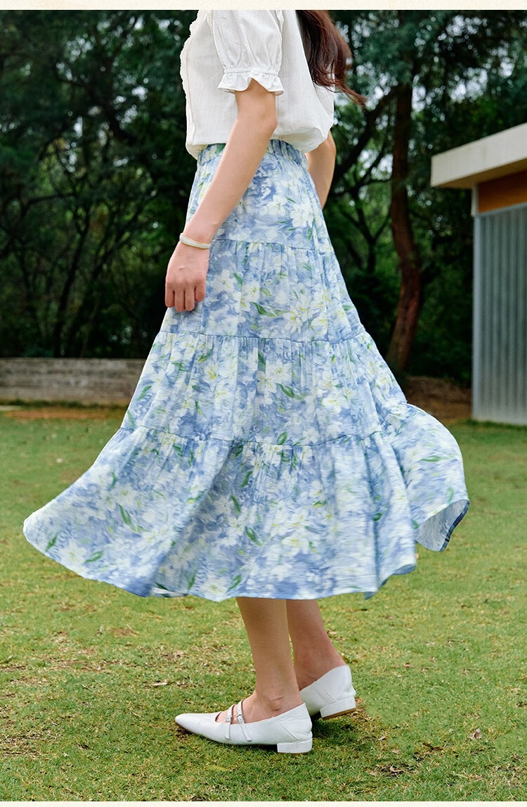 Inman Vacation Style Seaside Print Dress Summer Women's Square Neck Puff Sleeve Waist Cinched Long Dress Glaze Blue S 20