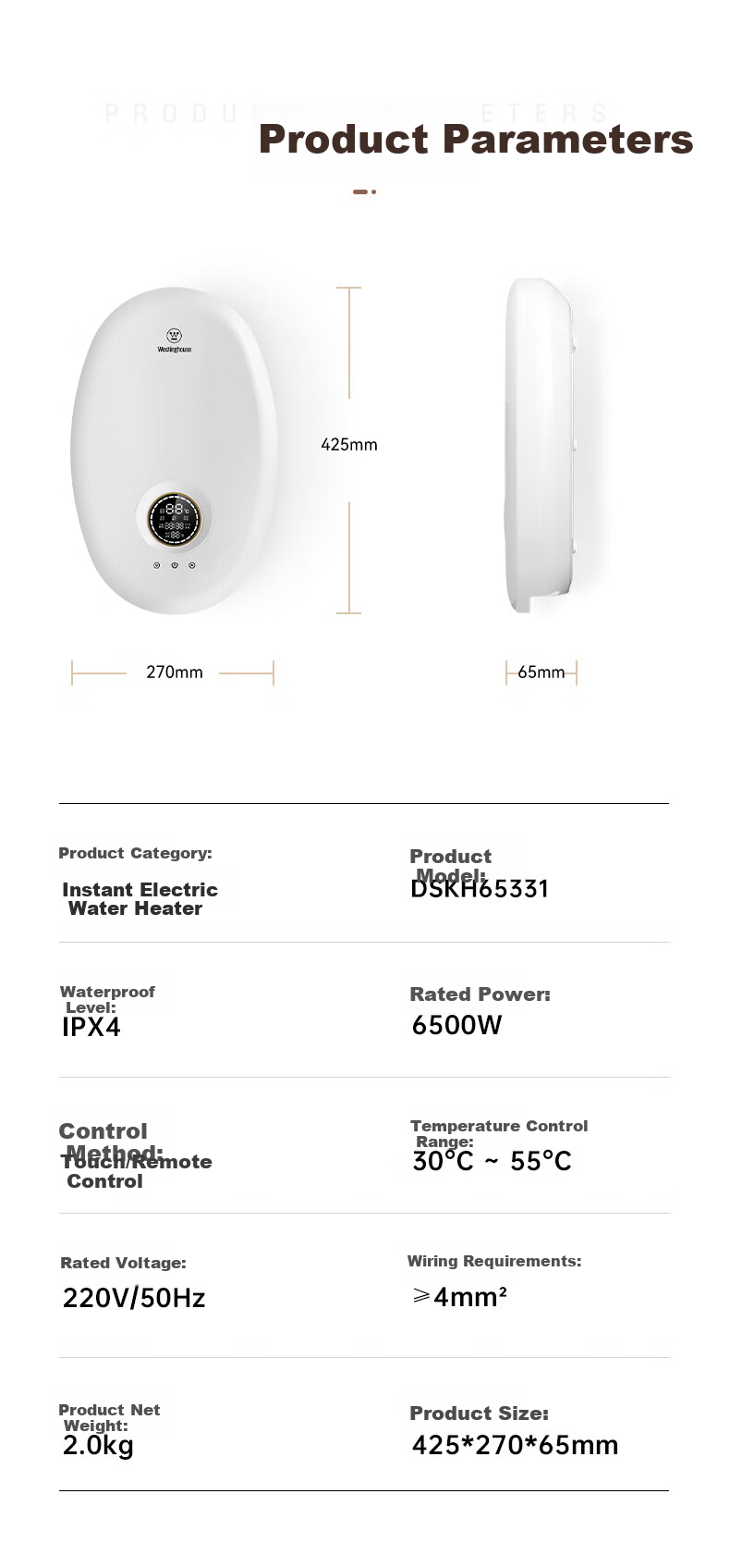 Westinghouse [Xiaobaiyulan] Instant Electric Water Heater, [On-Site Installation], 6500W Ultra-Thin Kitchen Treasure, Constant Temperature Rapid Heating, Rental Apartment Electric Hot Water Faucet DSKH65331 25