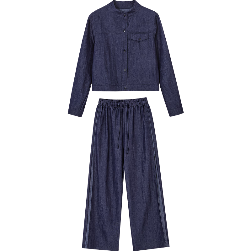 Demana Hong Kong Style Denim Set Spring Vintage Relaxed Fit Crew Neck Top Elastic Waist Wide Leg Pants Women's Two-Piece Set