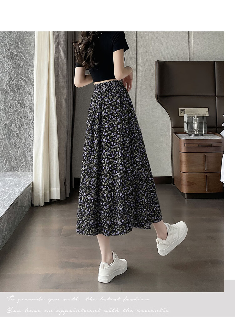 Awakening Paradise 2026 Summer New Slimming A-Line Mid-Length Skirt White Base Black Floral One Size 27
