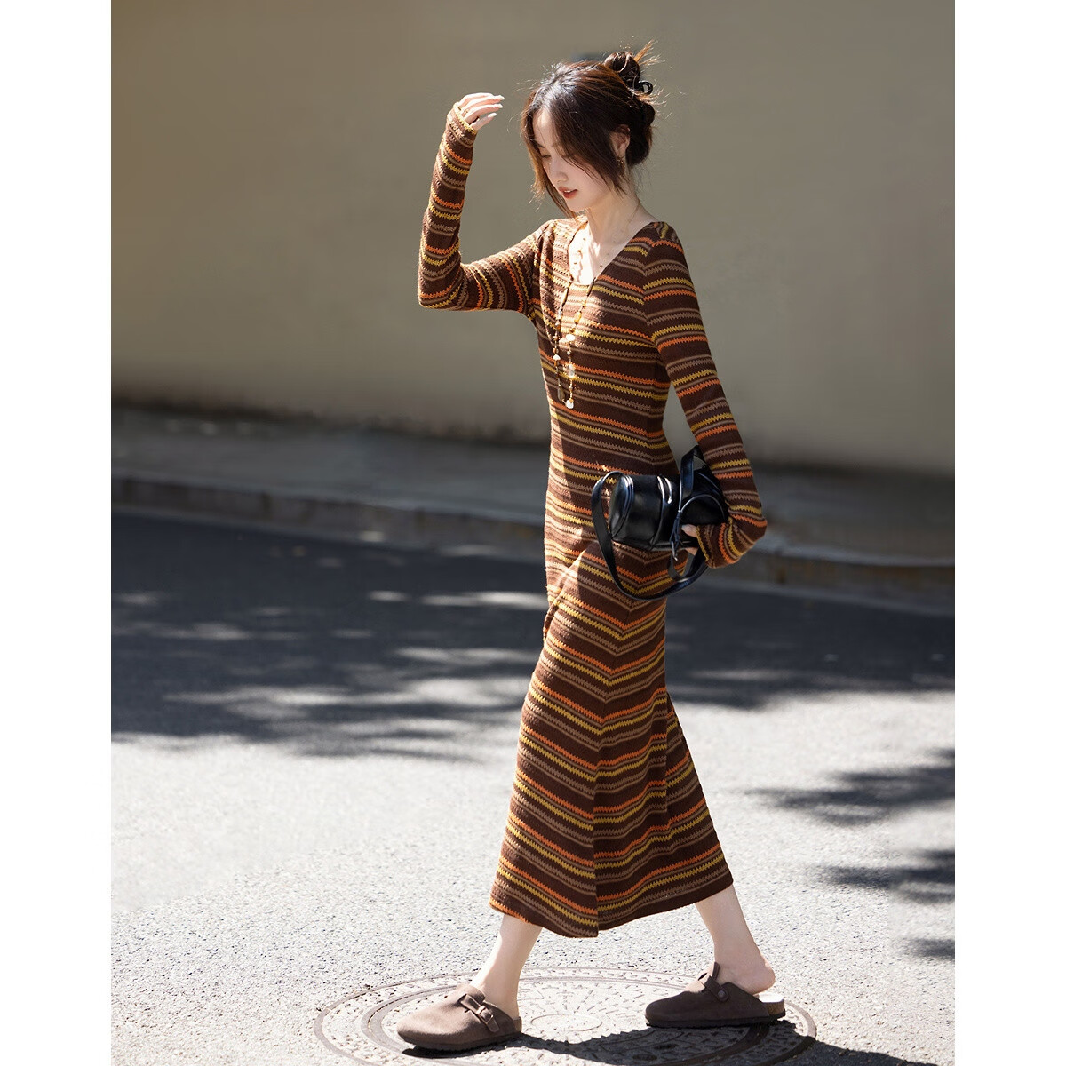 Dme [Retro Hot Girl] Autumn American College Striped Jacquard Slim-Fit Petite A-Line Elegant Women's Dress