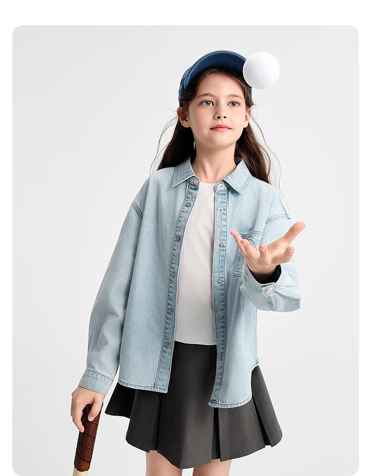 Balabala [balaOne] Girls' Long Sleeve Shirt 2026 Spring 100% Cotton Denim Fashion 7