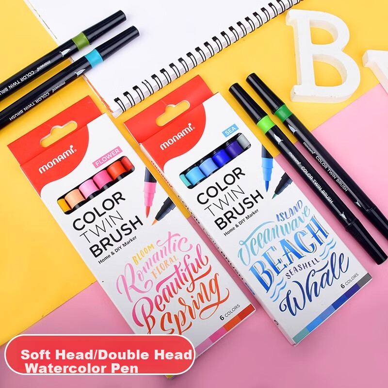 Monami Colorful Showy Brush, Soft Tip, Elastic Journal Brush, English Calligraphy Brush, Macaron 6-Color Set 04038Z06-DP Watercolor Brush