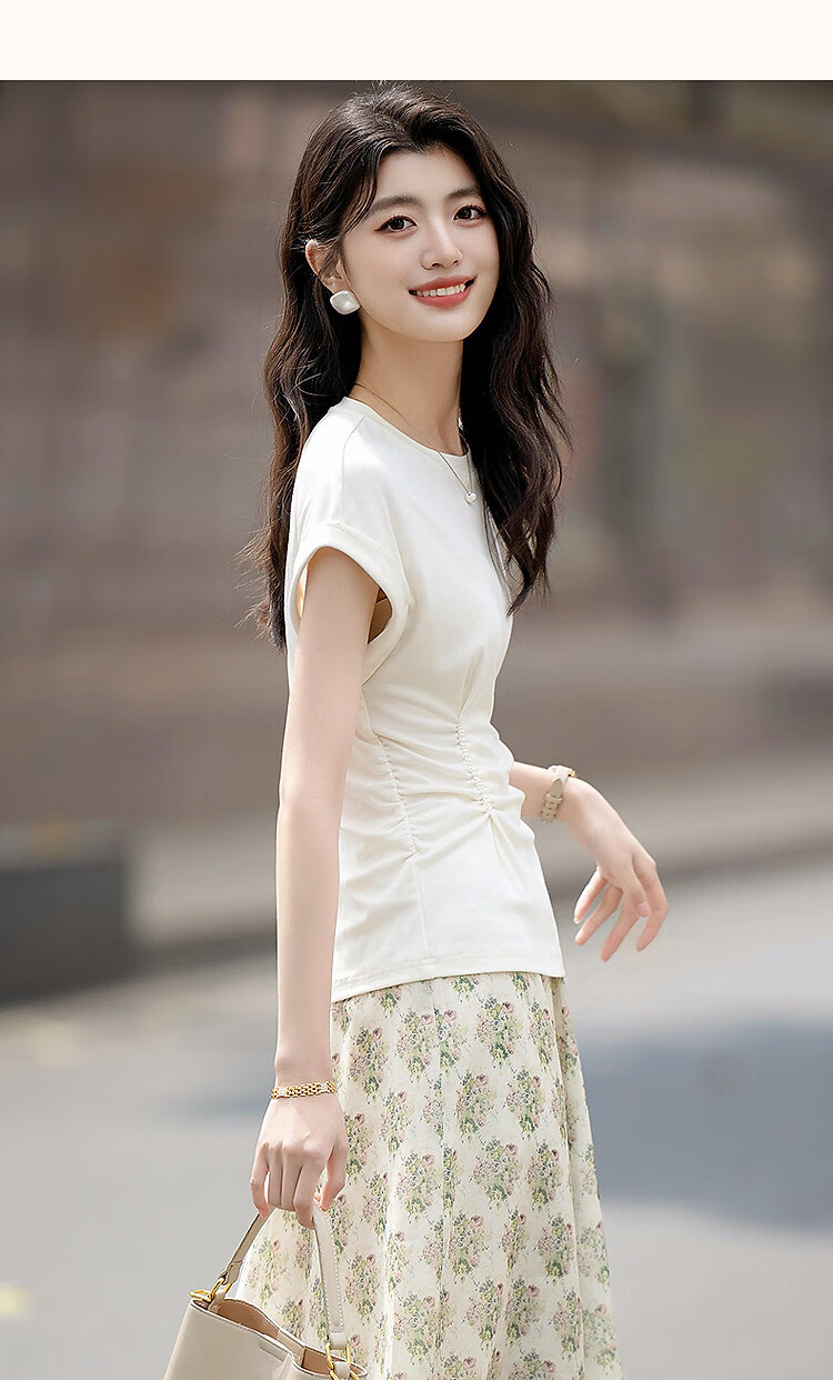 Dme [Containing Naked-Feel Lyocell] Summer Simple Round Neck Pleated Undershirt Short Sleeve Soft Stretch Comfortable Slimming Women's T-Shirt 9