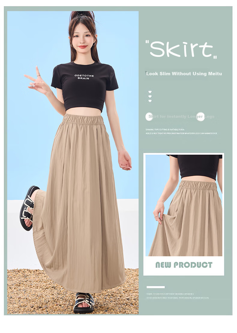 Ziyouxi Women's Midi Skirt, 2026 New Summer Thin Style, High-Waisted A-Line Slimming Umbrella Skirt, Pleated Long Skirt, Petite Yamamoto Skirt 3