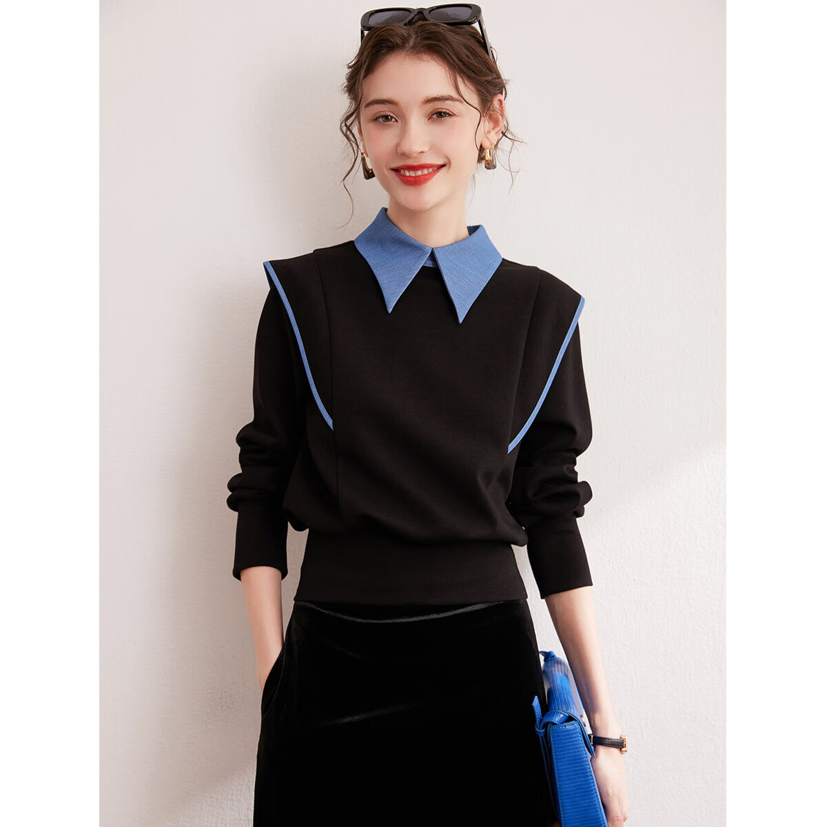 Bailuyu Colorblock Spliced Fake Two-Piece Pullover Sweatshirt Autumn New Fashion Small Flying Sleeve Patch Top Women Black L
