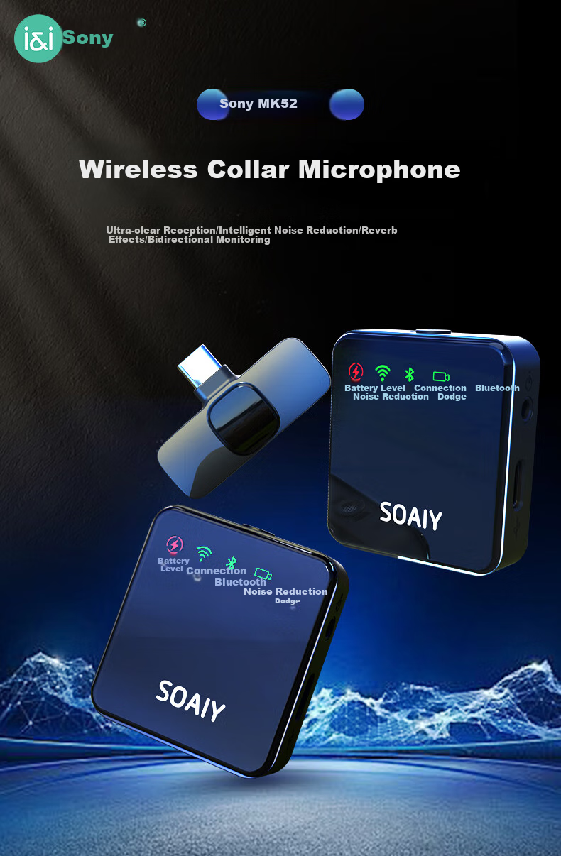Soaiy Wireless Lavalier Microphone for Live Streaming, Recording Equipment, Short Video, Outdoor TikTok Karaoke, Professional Noise Reduction Portable Wireless Microphone MK52 Dual Channel Android Versio 1