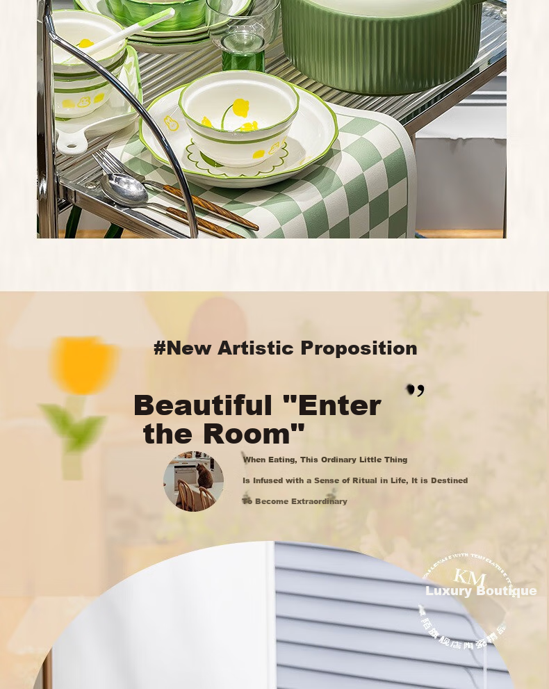 KANGMO Tableware Set, New Home-Use High-Temperature Underglaze Color Fresh Ceramic Bowls And Plates, Complete Dinnerware Set, Lily of The Valley Rabbit Design, 18 Pieces 13