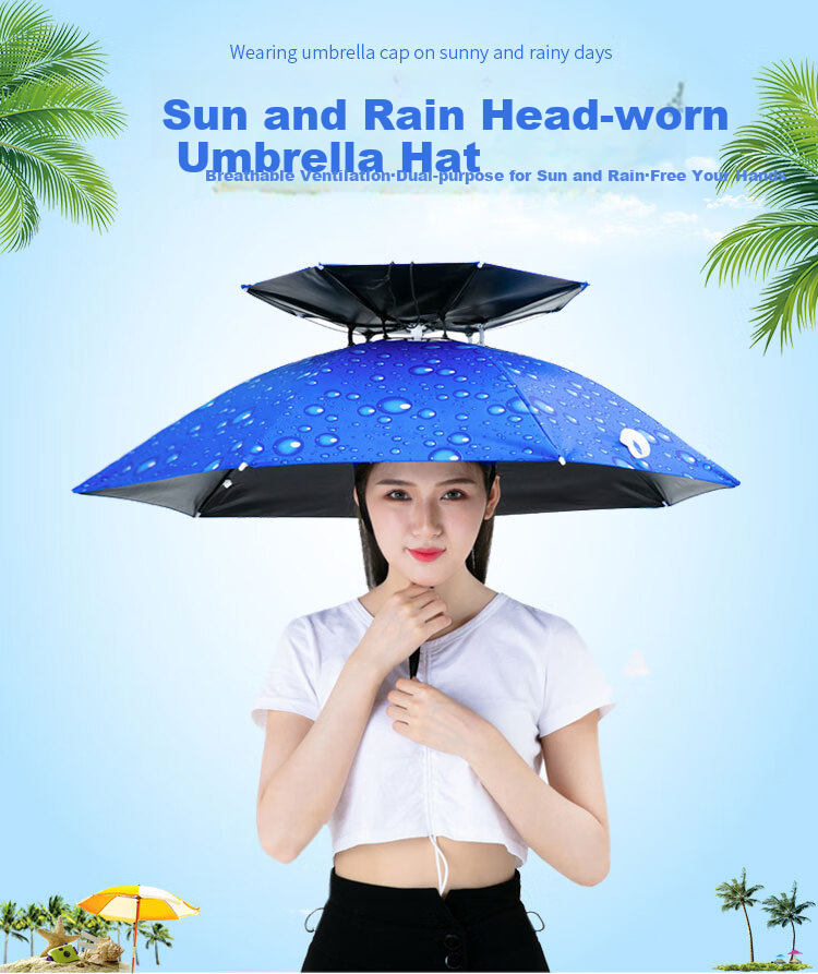 Adandyish Fishing Umbrella Hat, Foldable Double-Layer Tea-Picking Head Umbrella Hat, Raindrop Blue Silver-Gray Color, 2-Piece Set 1